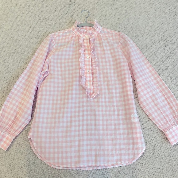 J. Crew Women’s 4 Classic Fit Ruffle Popover Crinkle Gingham Pink Shirt - Picture 1 of 4